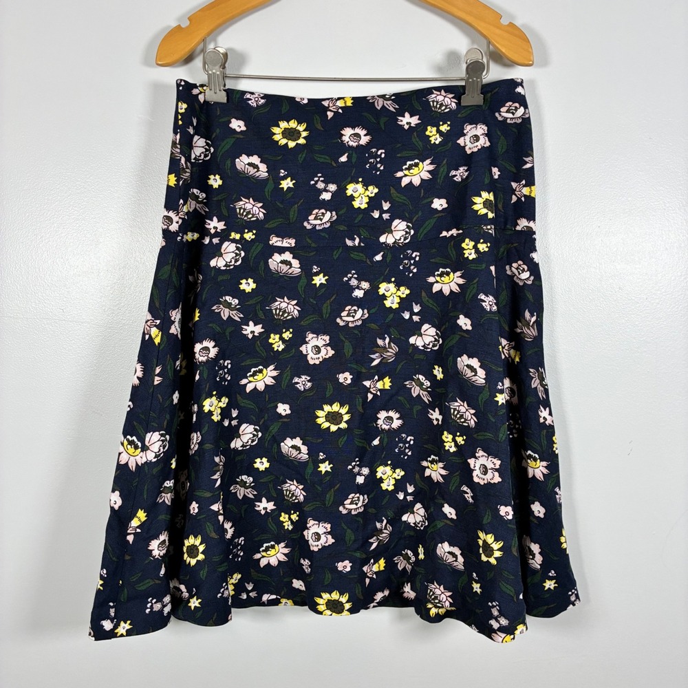 Ann Taylor Skirt 4 Navy Blue Floral A-Line Linen Blend Cottage Feminine Chic